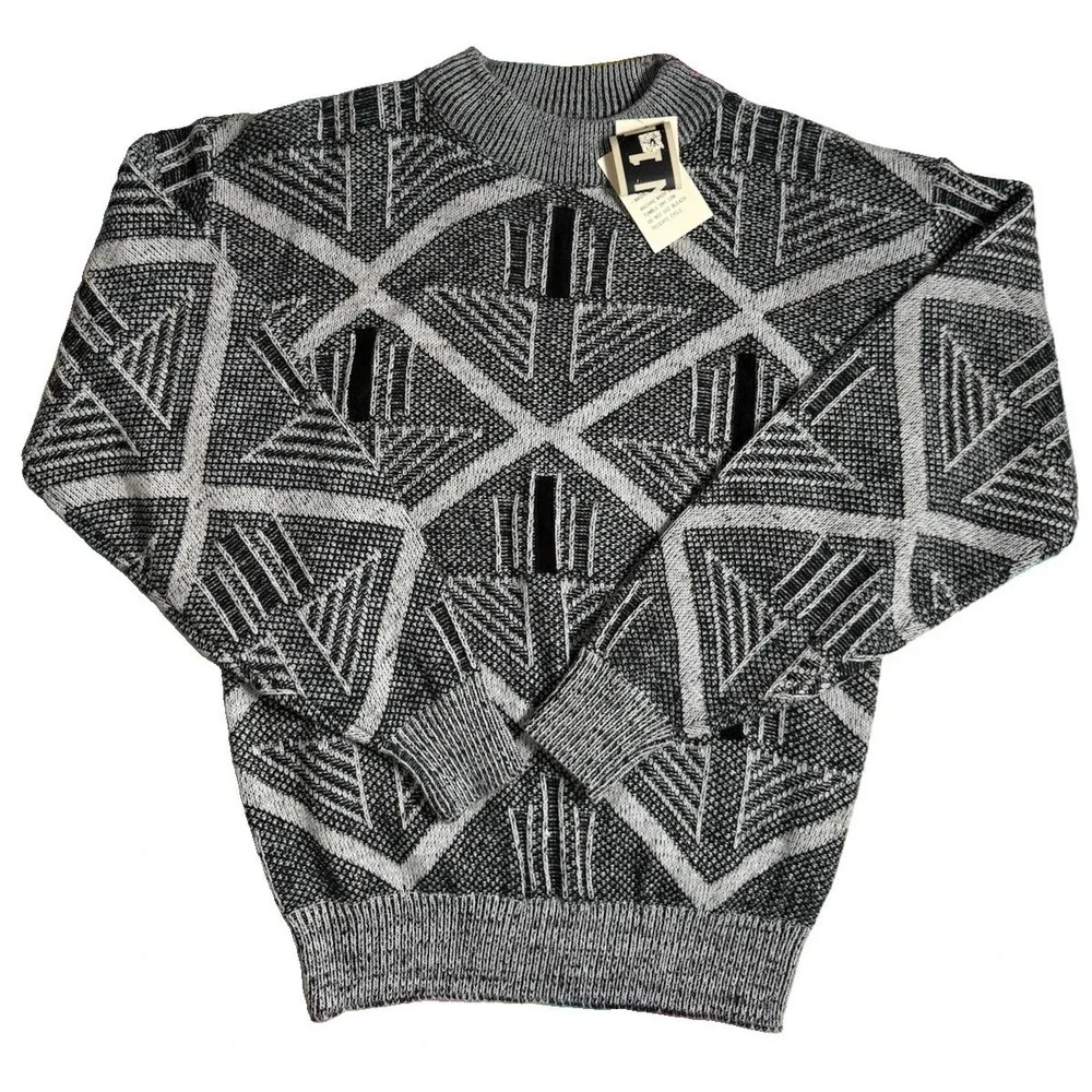 Vtg Jon 1 E Sweater Mens Medium Black Abstract Cosby Textured Chunky Knit 90s
